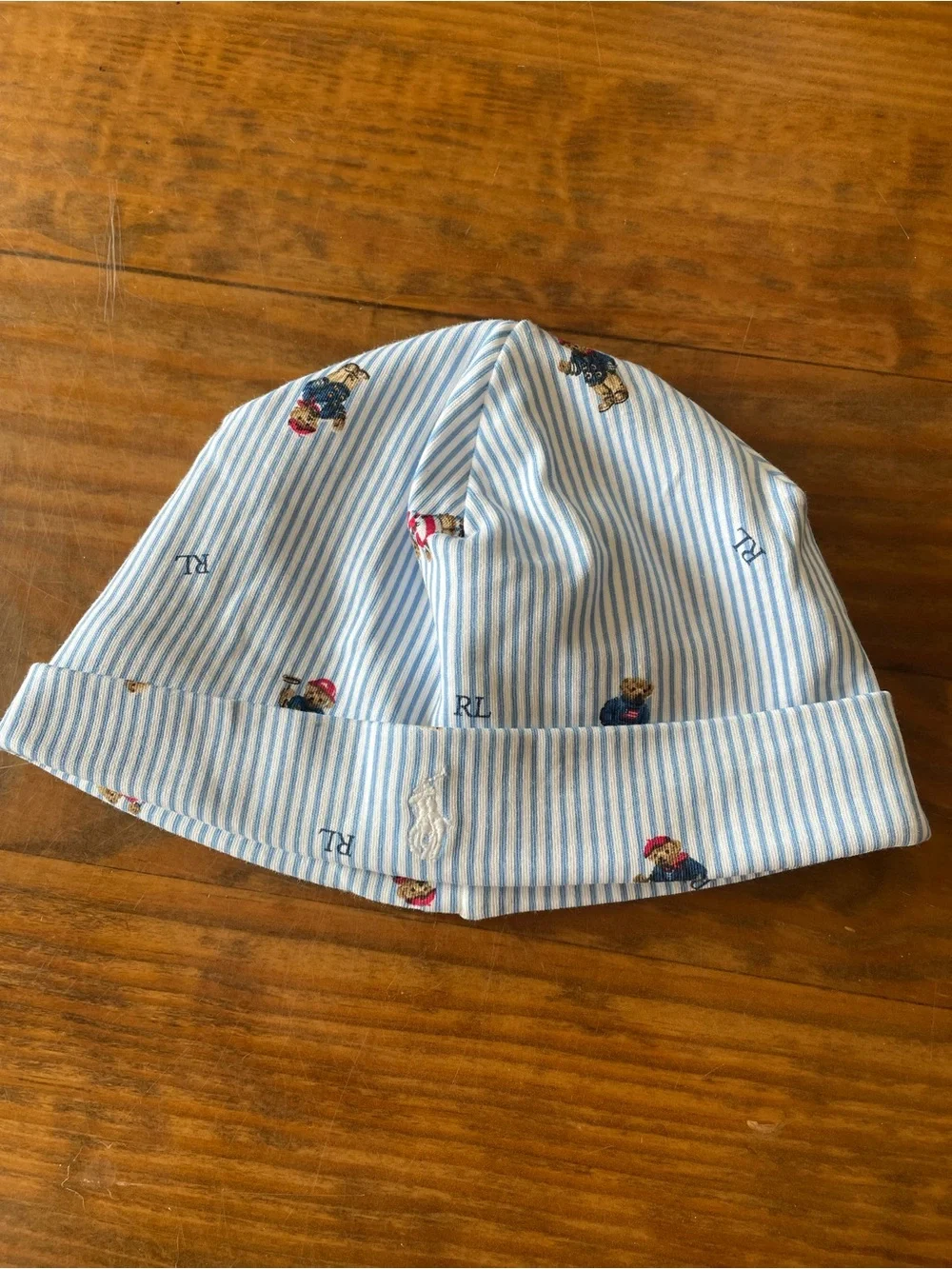 Ralph Lauren Baby Blue Stripe Bear Print Beanie Hat, One Size 3-9 mo. Cotton